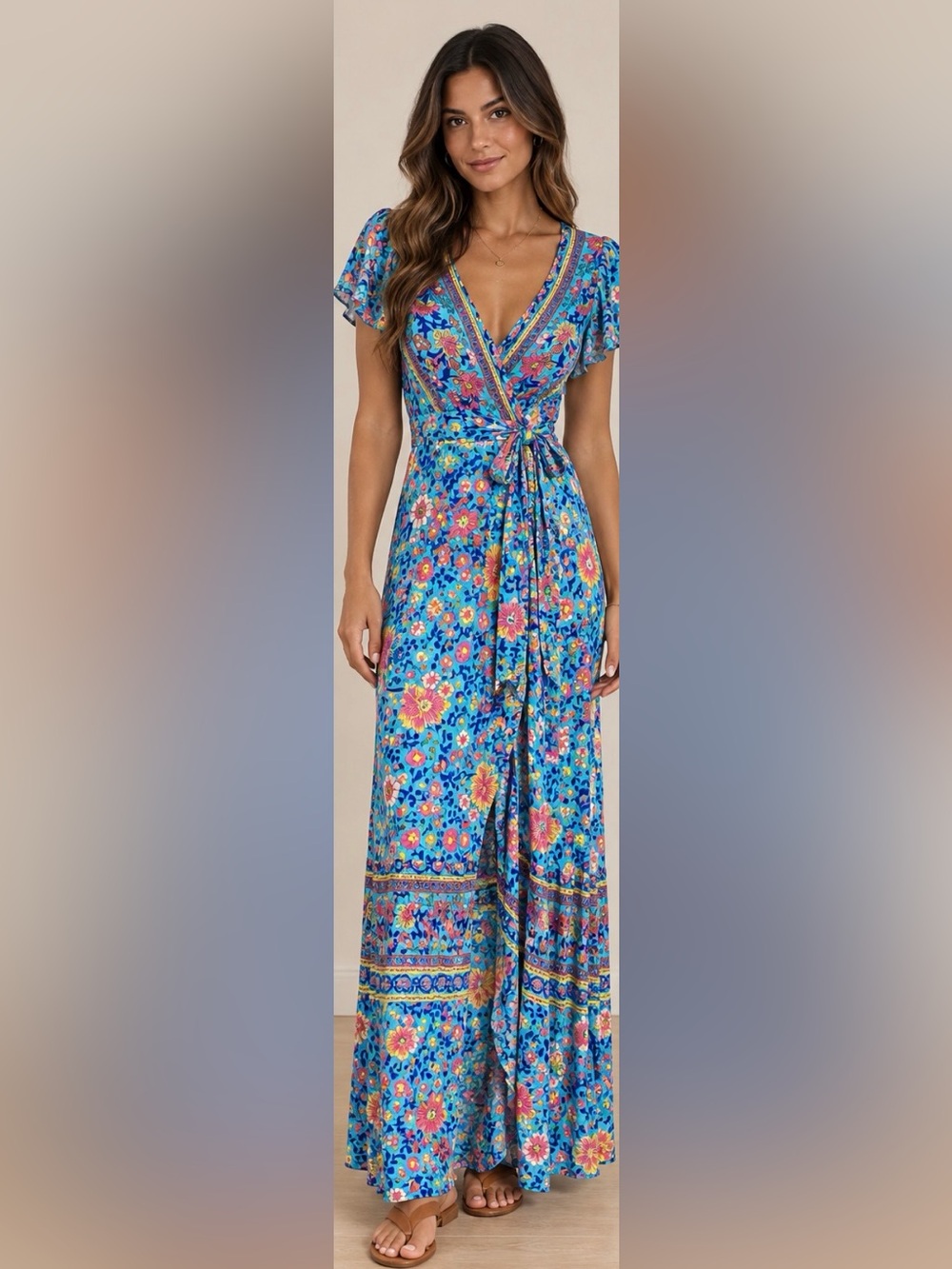 Blue Floral Wrap Maxi Dress with V-Neck